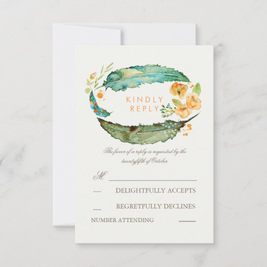 ボヘミアンフェザーティール（緑がかった色）ウェディングRSVPカード 出欠カード (正面)