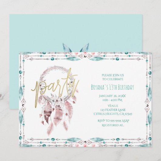 ボヘミアンフェザードリームキャッチャーティール（緑がかった色）誕生日パーティー 招待状 (正面/裏面)