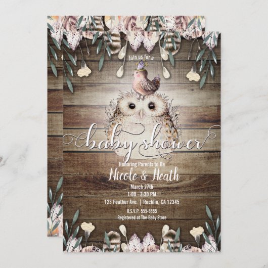 ボヘミアンフェザーフレンズフクロウ&バードベビーシャワー 招待状 (正面/裏面)