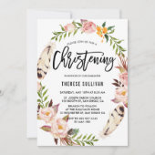 ボヘミアンフェザー&フローラリースピンク《キリスト教》洗礼式や命名式 招待状 (正面)