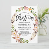 ボヘミアンフェザー&フローラリースピンク《キリスト教》洗礼式や命名式 招待状 (スタンド正面)