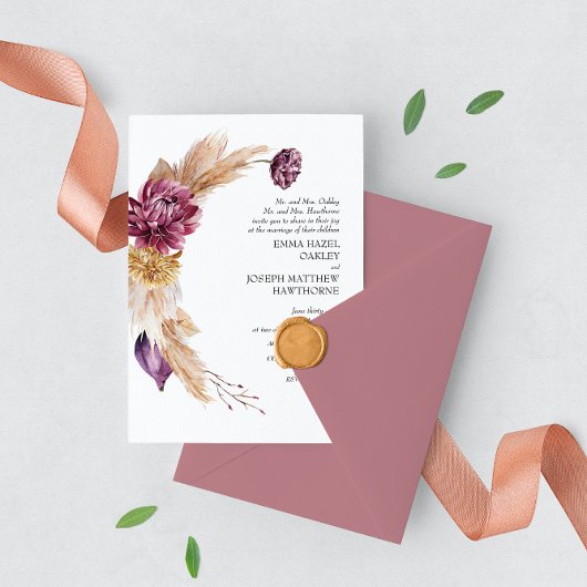 ボヘミアンフォール バーガンディ フラワー ウェディング招待状 招待状