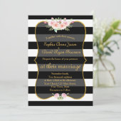 ボヘミアンフラワーのゴールド ブラック ホワイト ストライプ ウェディング 招待状 (スタンド正面)