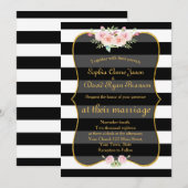 ボヘミアンフラワーのゴールド ブラック ホワイト ストライプ ウェディング 招待状 (正面/裏面)