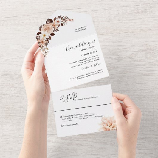 ボヘミアンフラワーテラコッタウェディング オールインワン招待状 (貼ってはがせる)