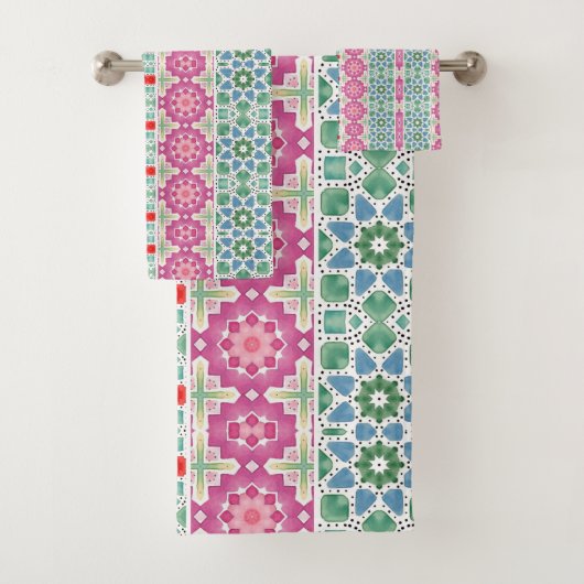 ボヘミアンフラワーパターン 水彩モザイクデザイン バスタオルセット (インサイチュ)