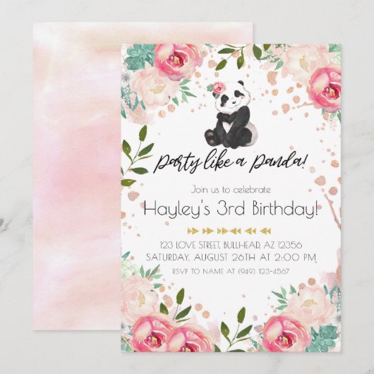 ボヘミアンフラワーパーティーのようなパンダの誕生日 招待状 (正面/裏面)