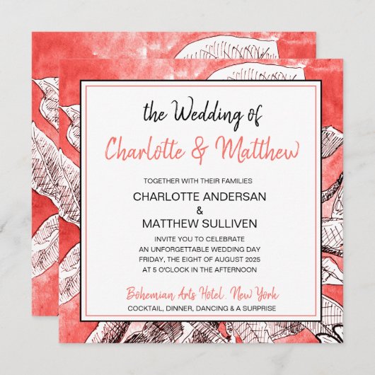 ボヘミアンフラワールコーラルデッサンウォータカラーウェディング 招待状 (正面/裏面)