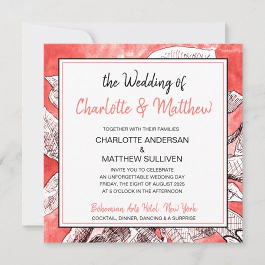 ボヘミアンフラワールコーラルデッサンウォータカラーウェディング 招待状 (正面)
