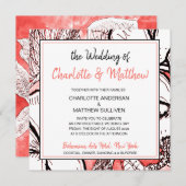 ボヘミアンフラワールコーラルホワイトドローイングウェディング 招待状 (正面/裏面)