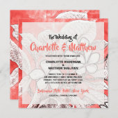 ボヘミアンフラワール ピンク ウォータカラー ウェディング 招待状 (正面/裏面)