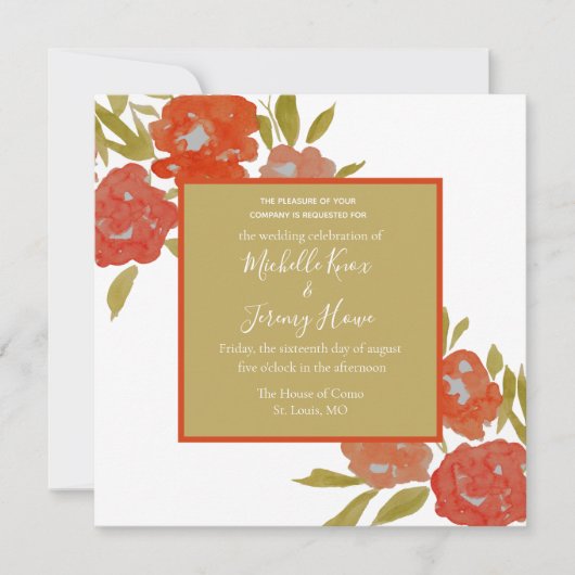 ボヘミアンフラワーレッドオレンジゴールドの結婚式招待状 招待状 (正面)