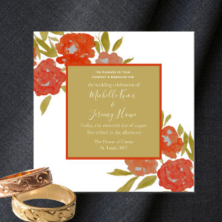 ボヘミアンフラワーレッドオレンジゴールドの結婚式招待状 招待状