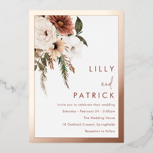 ボヘミアンフローラテラ結婚コッタのバラ金ゴールド 箔招待状 (正面)