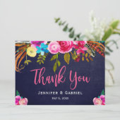 ボヘミアンフローラピンクネイビー結婚スクリプトありがとう サンキューカード (スタンド正面)