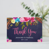ボヘミアンフローラピンクネイビー結婚スクリプトありがとう サンキューカード (スタンド正面)