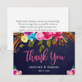 ボヘミアンフローラピンクネイビー結婚スクリプトありがとう サンキューカード (正面/裏面)