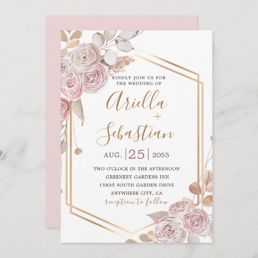 ボヘミアンフローラピンクローズ金ゴールド招待状 招待状 (正面/裏面)