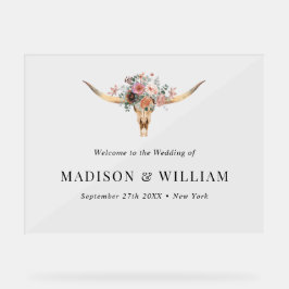 ボヘミアンフローラ牛スカル結婚のウェルカムサイン アクリルサイン