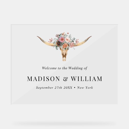 ボヘミアンフローラ牛スカル結婚のウェルカムサイン アクリルサイン (正面)