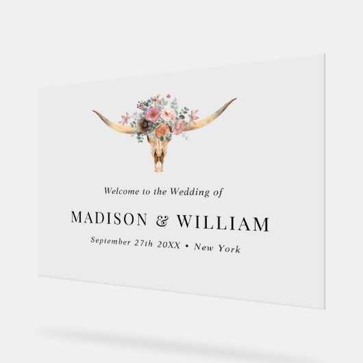 ボヘミアンフローラ牛スカル結婚のウェルカムサイン アクリルサイン (傾斜)