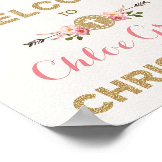 ボヘミアンフローラ《キリスト教》洗礼式や命名式ピンク&金ゴールドウェルカム ポスター (角)