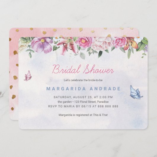 ボヘミアンブライダルシャワー水彩フローラピンク金ゴールド 招待状 (正面/裏面)