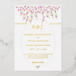 ボヘミアンブライトピンクフローラフロント結婚とバック 箔招待状