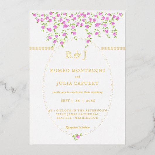 ボヘミアンブライトピンクフローラフロント結婚とバック 箔招待状 (正面)