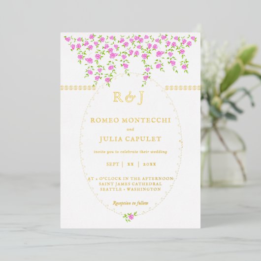 ボヘミアンブライトピンクフローラフロント結婚とバック 箔招待状 (立ち正面)