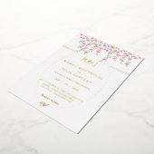ボヘミアンブライトピンクフローラフロント結婚とバック 箔招待状 (回転した状態)