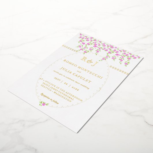 ボヘミアンブライトピンクフローラフロント結婚とバック 箔招待状 (回転した状態)