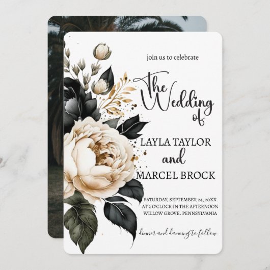 ボヘミアンブラックと金ゴールドフローラ結婚写真 招待状 (正面/裏面)