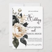 ボヘミアンブラックと金ゴールドフローラ結婚写真 招待状 (正面)
