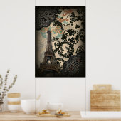 ボヘミアンブラックフローラヴィンテージパリエッフェルタワー ポスター (キッチン)