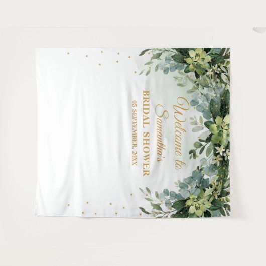 ボヘミアンブルーの緑豊かなスイレン属の植物を使ったブライダルバックドロップ タペストリー (正面(横))