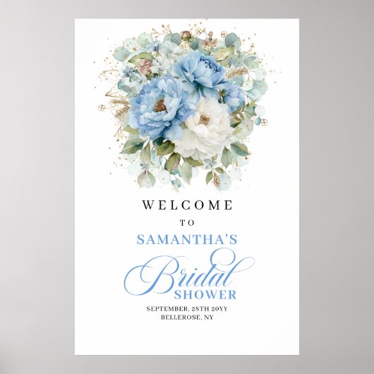 ボヘミアンブルーの花と緑のウェディングシャワーの歓迎 ポスター (正面)