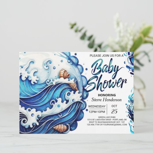 ボヘミアンブルーウォーター赤ちゃんシャワー 招待状 (スタンド正面)