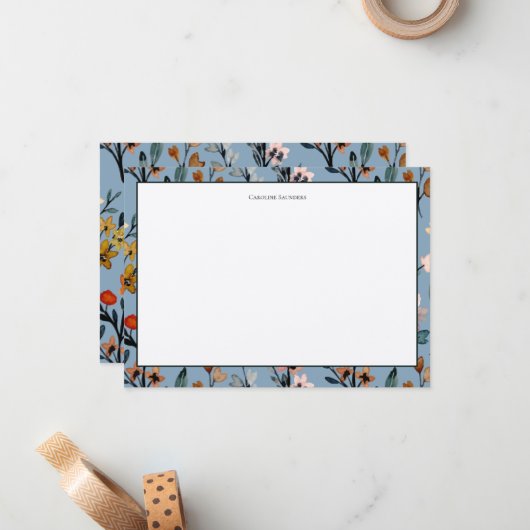 ボヘミアンブルーエレガントウォーターカラーフローラ ノートカード (正面/裏面インサイチュ)