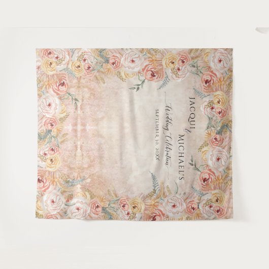 ボヘミアンブルージュの花とパンパスグラスと木のウェディング タペストリー (正面(横))