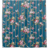 ボヘミアンブルーピンクレッドフローラモダンストライプ シャワーカーテン (正面)