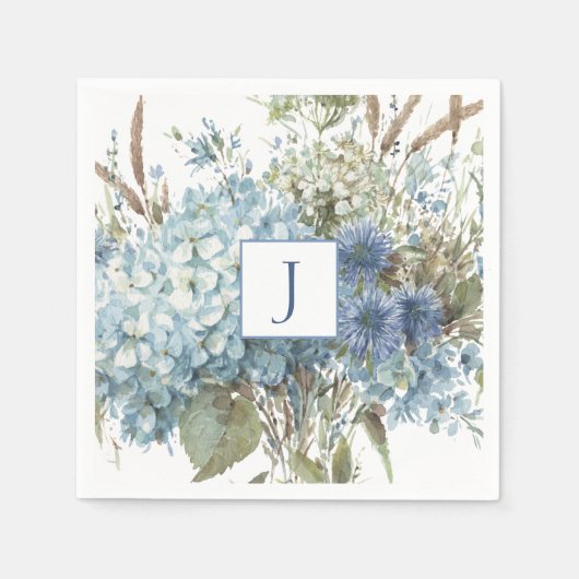 ボヘミアンブルーフラワーウォーターカラーブーケ スタンダードカクテルナプキン (正面)