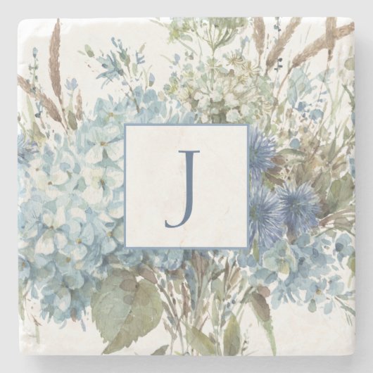 ボヘミアンブルーフローラウォーターカラーブーケ ストーンコースター (正面)