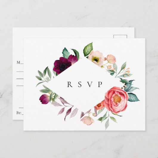 ボヘミアンブルームズ フレーム ウェディング RSVP 曲リクエスト インビテーションポストカード (正面/裏面)