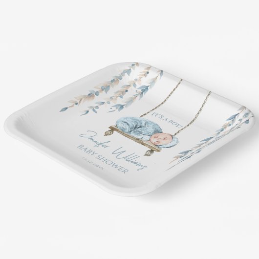 ボヘミアンブルー男の赤ちゃんシャワー紙プレート ペーパープレート (傾斜あり)