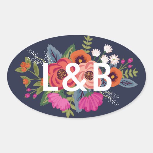 ボヘミアンブーケ – ネイビー結婚ブルーのイニシャル 楕円形シール (正面)
