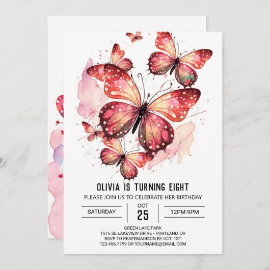 ボヘミアンプリントブルバタフライガール誕生日 招待状 (正面/裏面)
