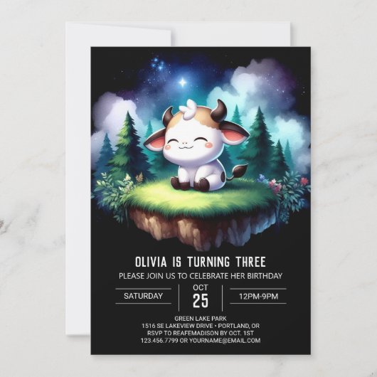 ボヘミアンプリント可能な牛誕生日 招待状 (正面)