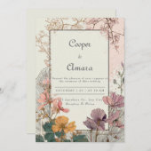 ボヘミアンプレスドフラワーゴールドフレーム秋ウェディング 招待状 (正面/裏面)