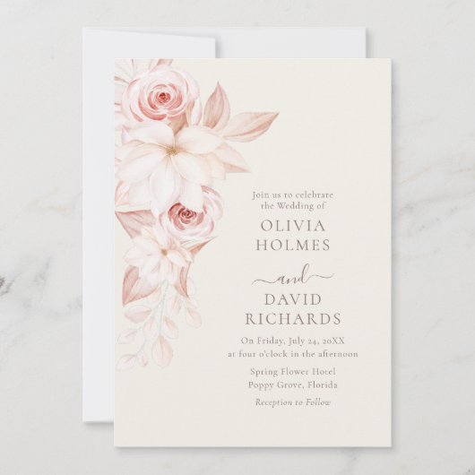 ボヘミアンベージュアンドピンクローズ結婚式招待状 招待状 (正面)